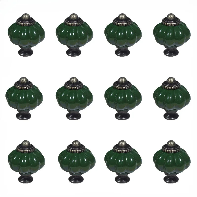 3/6/12PCS Polished Metal & Dark Green Ceramic Knobs Set -
