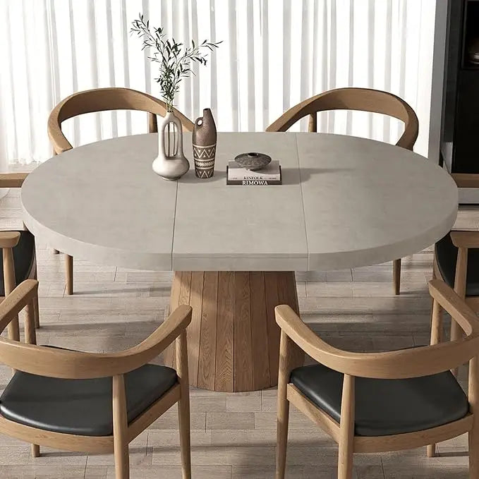 Round Extendable Dining Table with Pedestal Base,