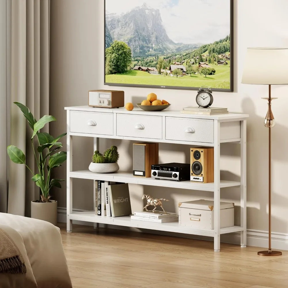 47" Extra Long Console Sofa Table with 3 Fabric Drawers & Storage Shelves for Living Room Entryway