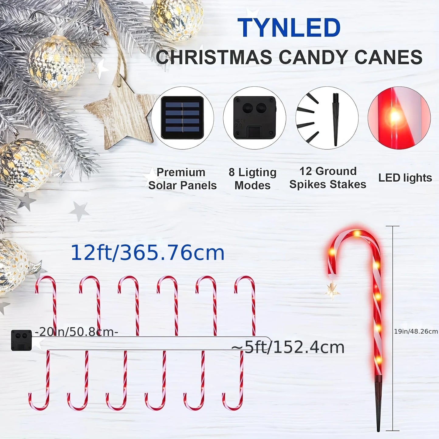 12PCS Solar-Powered Candy Cane Light Christmas Light