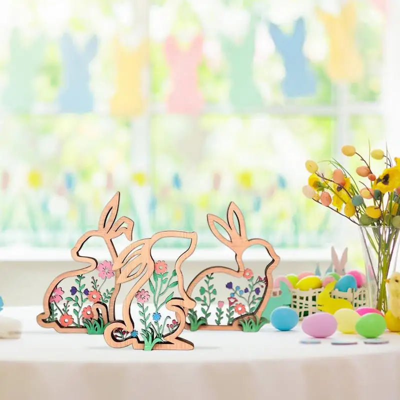 Bunny Table Centerpiece Sign 3X Wooden Hollow Out Easter Bunny Wooden Signs