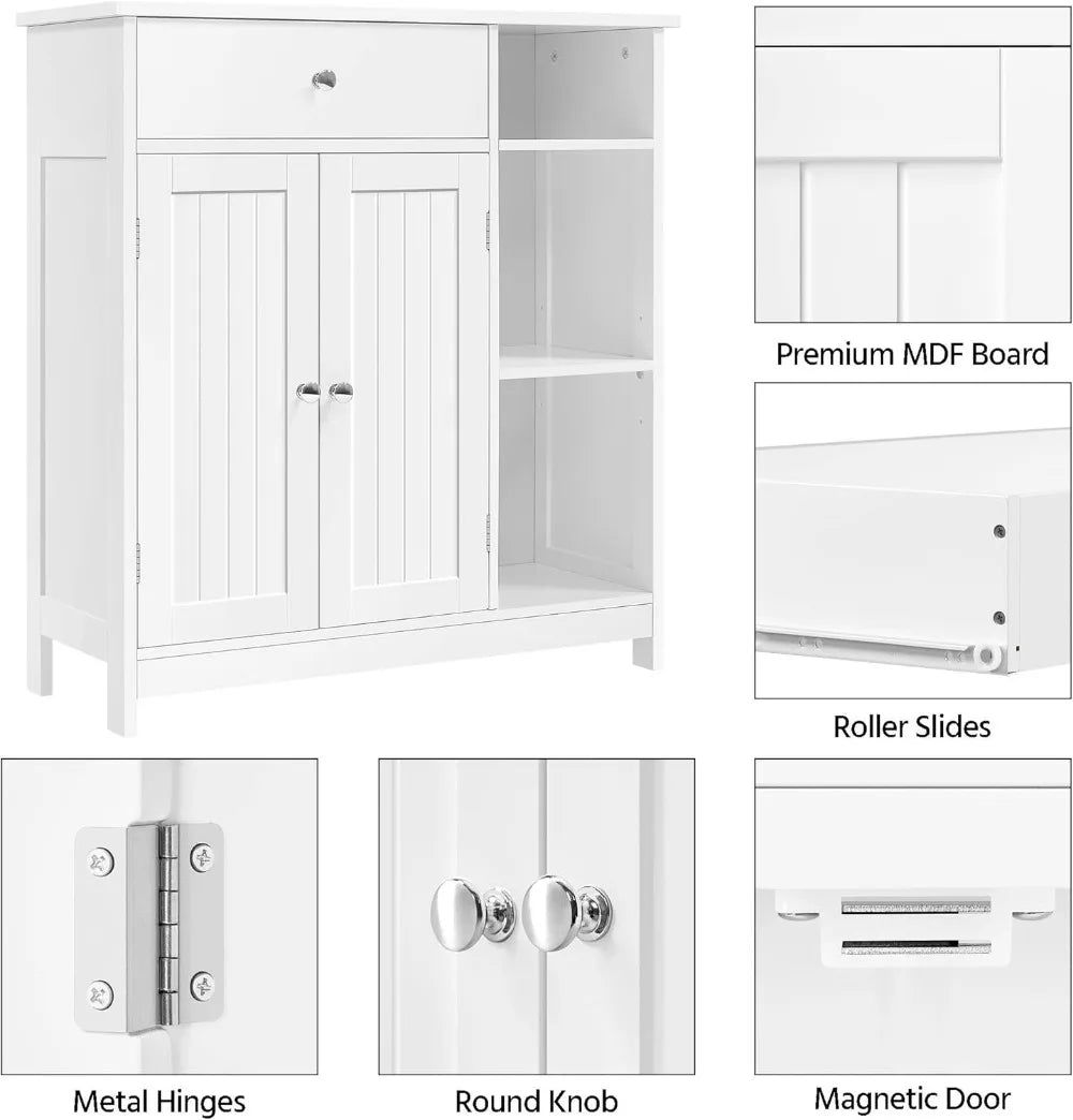 Freestanding Storage Cabinet with Doors, Drawer & Adjustable Shelves for Bathroom, Kitchen, Living Room, White
