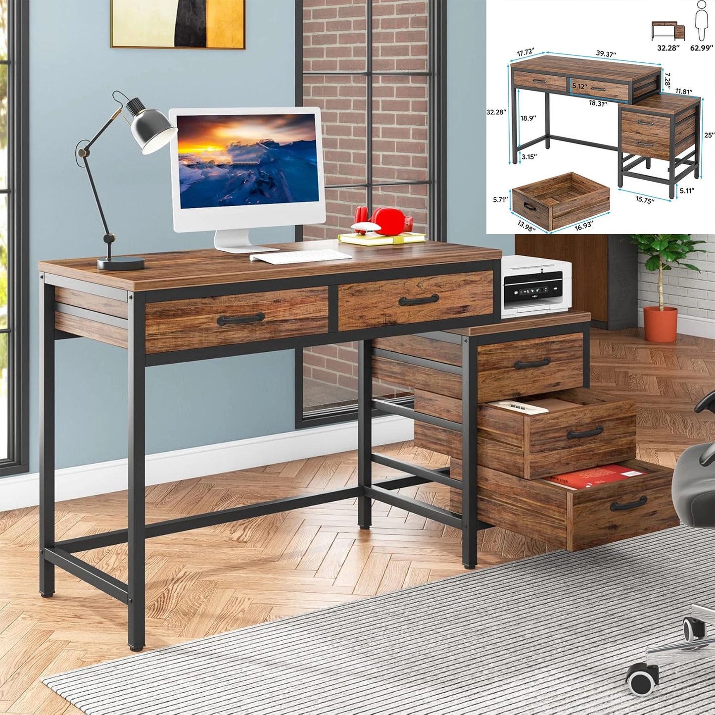 L-Shaped Computer Desk with 3 Drawers,