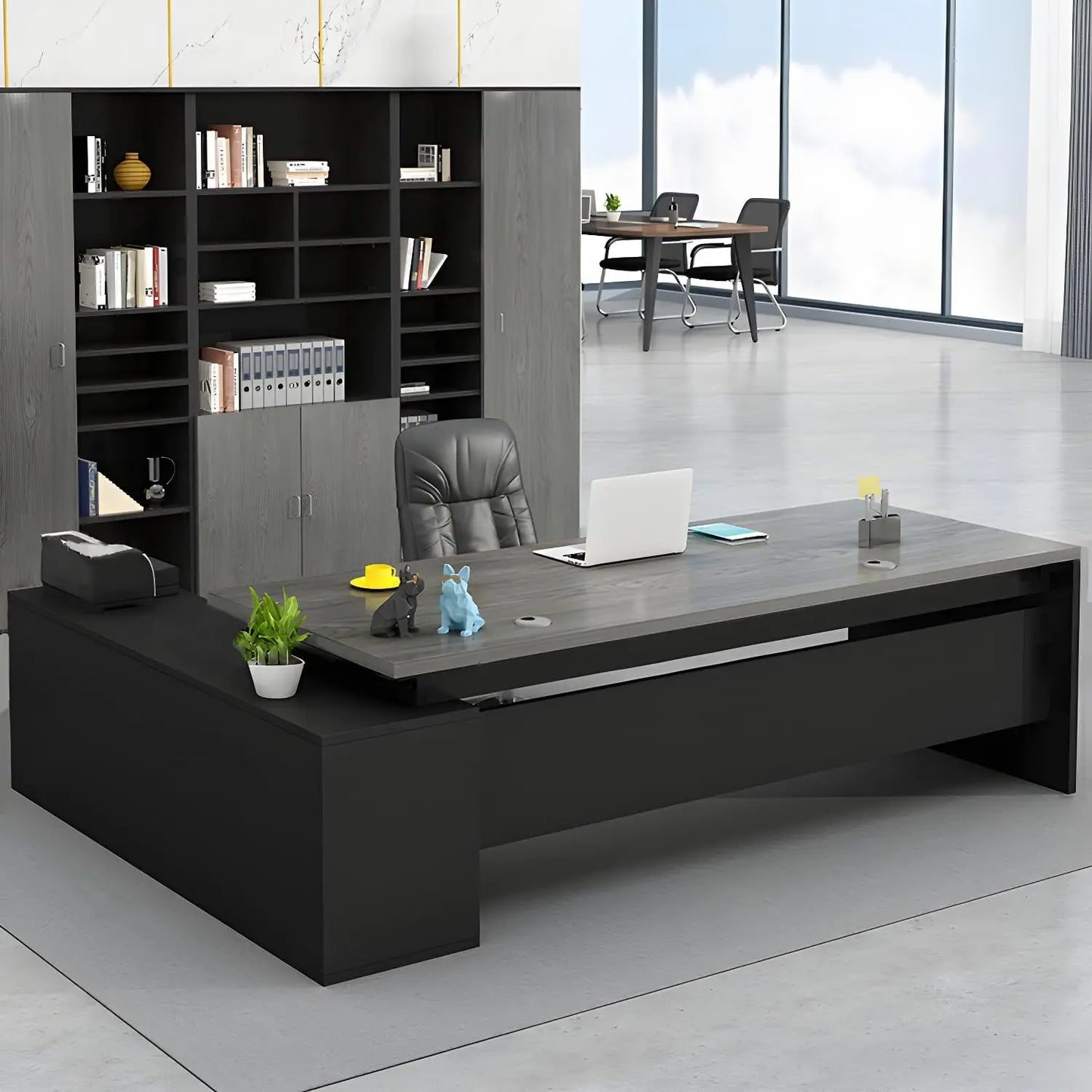 Modern L-Shape Office Desk with Wood Base Executive Desks