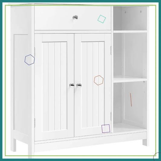 Freestanding Storage Cabinet with Doors, Drawer & Adjustable Shelves for Bathroom, Kitchen, Living Room, White