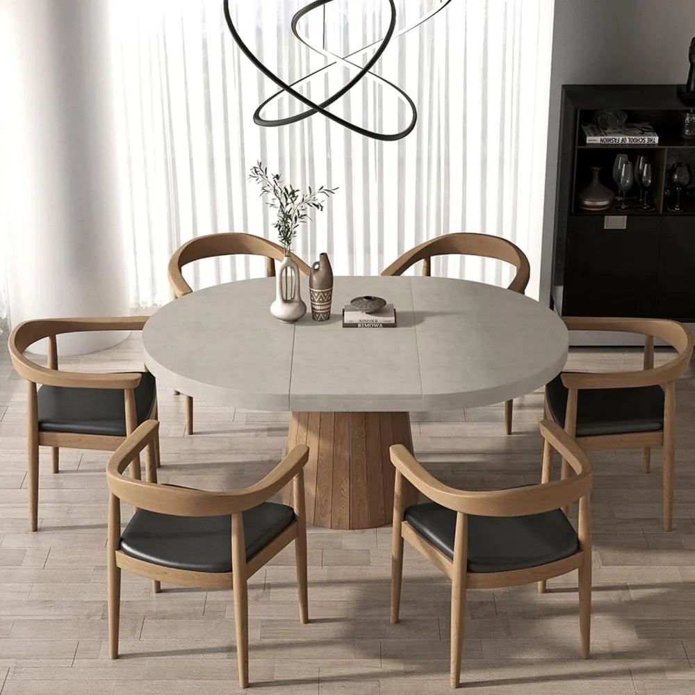 Round Extendable Dining Table with Pedestal Base,