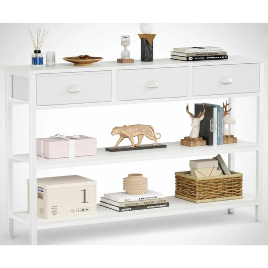 47" Extra Long Console Sofa Table with 3 Fabric Drawers & Storage Shelves for Living Room Entryway