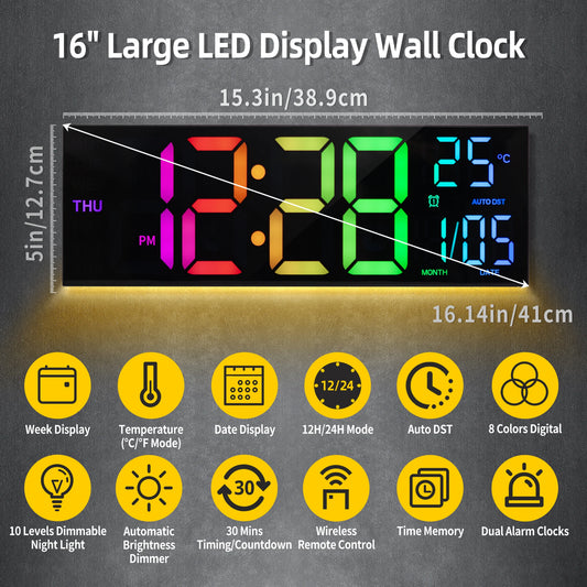 16" Large Digital Wall Clock, Big LED Display with Remote,