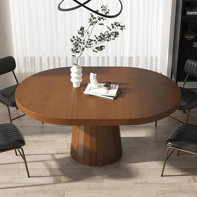 Round Extendable Dining Table with Pedestal Base,