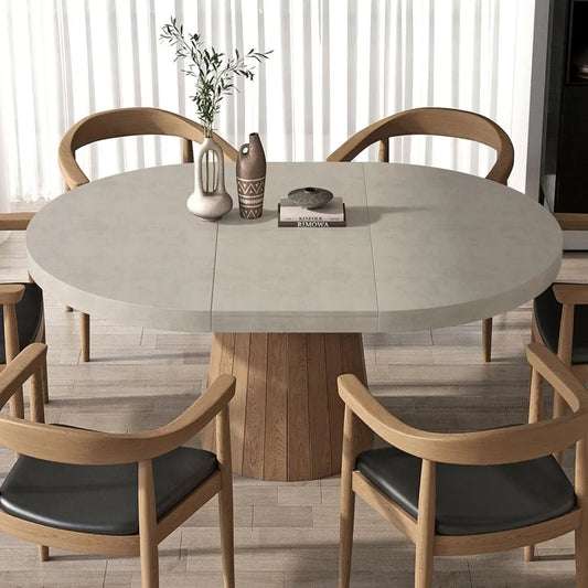 Round Extendable Dining Table with Pedestal Base,