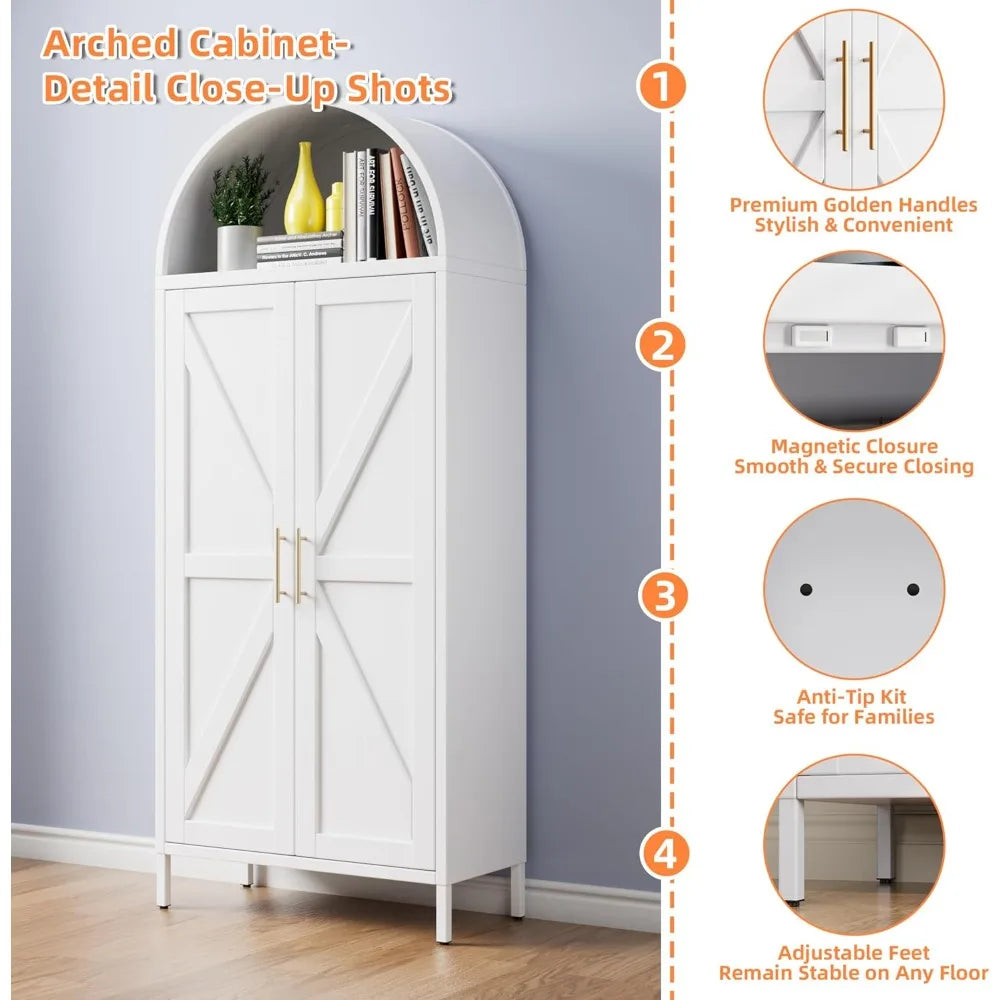 White Arched Pantry Cabinet with Adjustable Shelves,