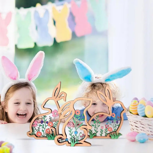 Bunny Table Centerpiece Sign 3X Wooden Hollow Out Easter Bunny Wooden Signs