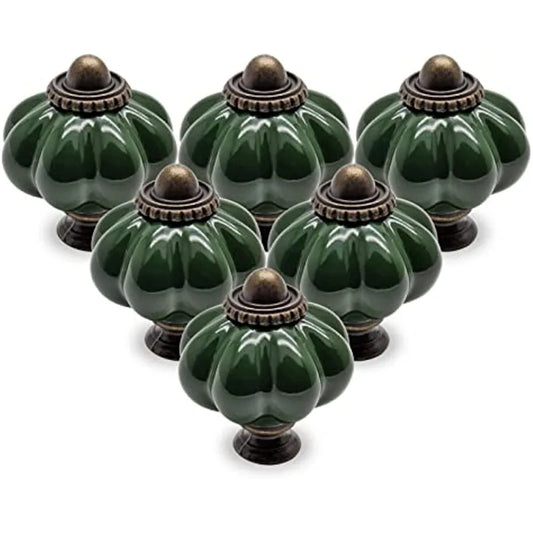 3/6/12PCS Polished Metal & Dark Green Ceramic Knobs Set -